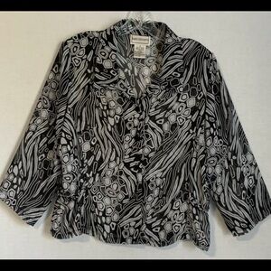 Karin Stevens | Size 16 | Black and White Geometric Sheer Button-Down Blouse Top
